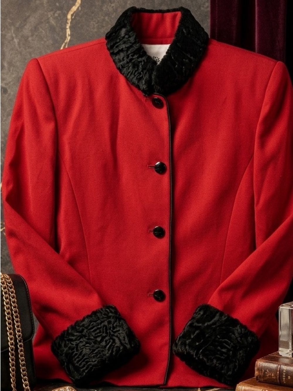 VTG Lillie Rubin Red Wool Jacket Real Persian Lamb Fur Collar Cuffs Astrakhan